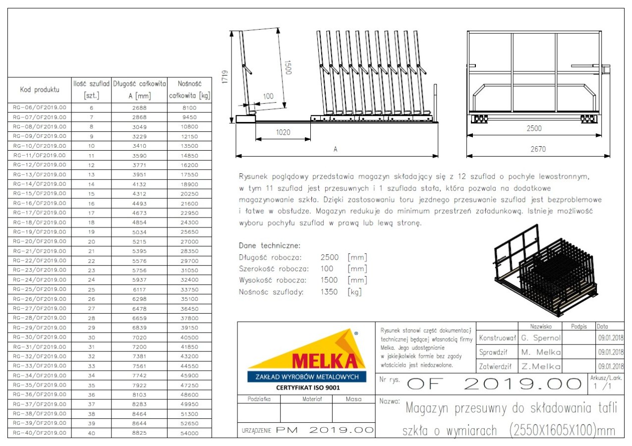 Magazyn przesuwny do składowania tafli szkła o wym. 2550x1605 mm