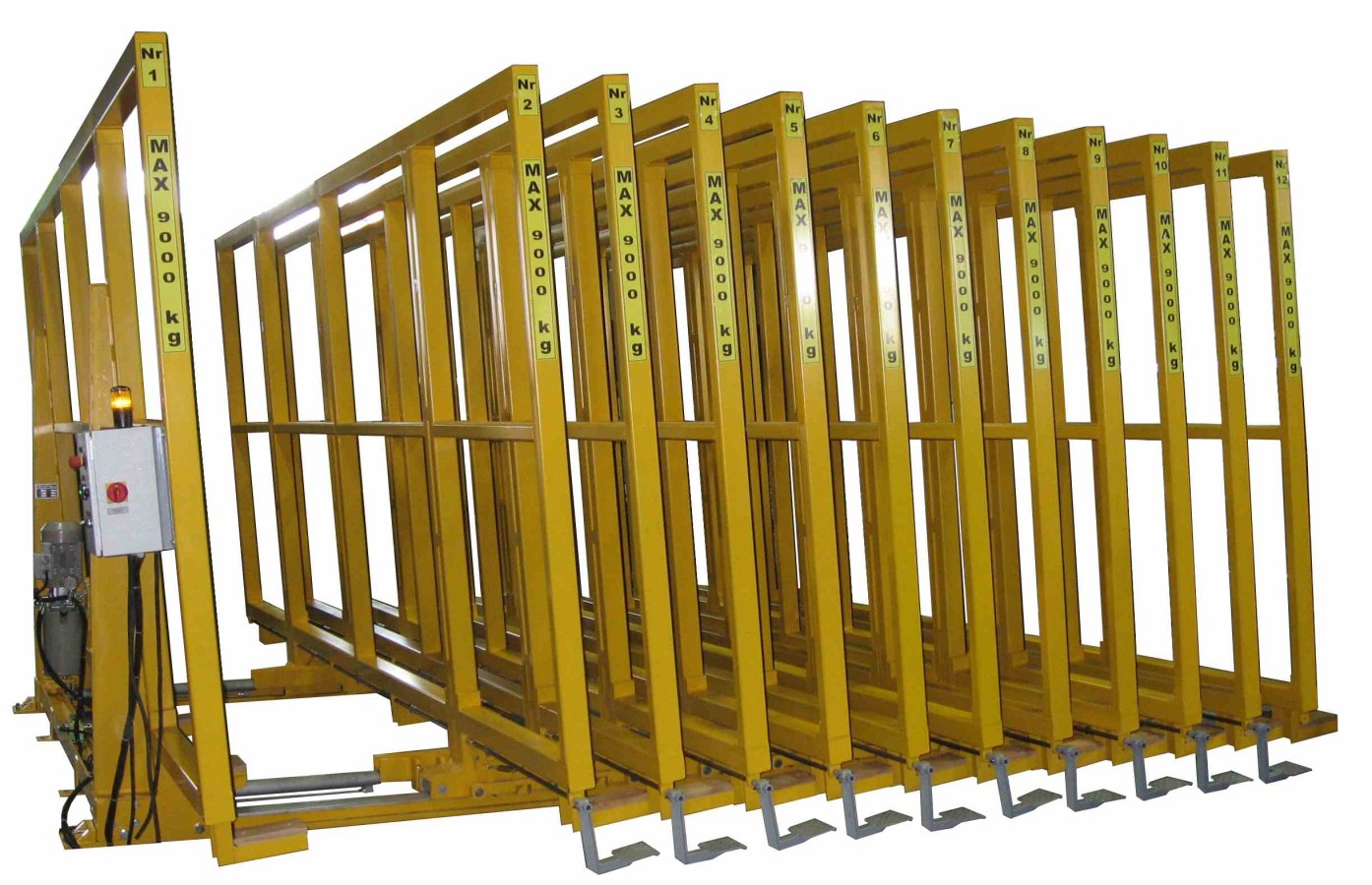 PÓŁAUTOMATYCZNY MAGAZYN PRZESUWNY Z NAPĘDEM HYDRAULICZNYM DO SKŁADOWANIA PAKIETÓW SZKŁĄ JUMBO 6000X3210 MM
